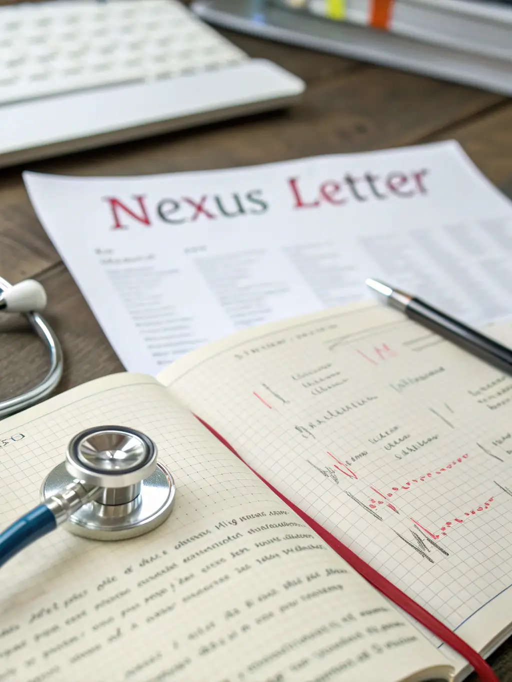 A close-up image of a meticulously crafted nexus letter, highlighting key medical findings and their connection to a veteran's service, set against a backdrop of medical journals and a stethoscope.