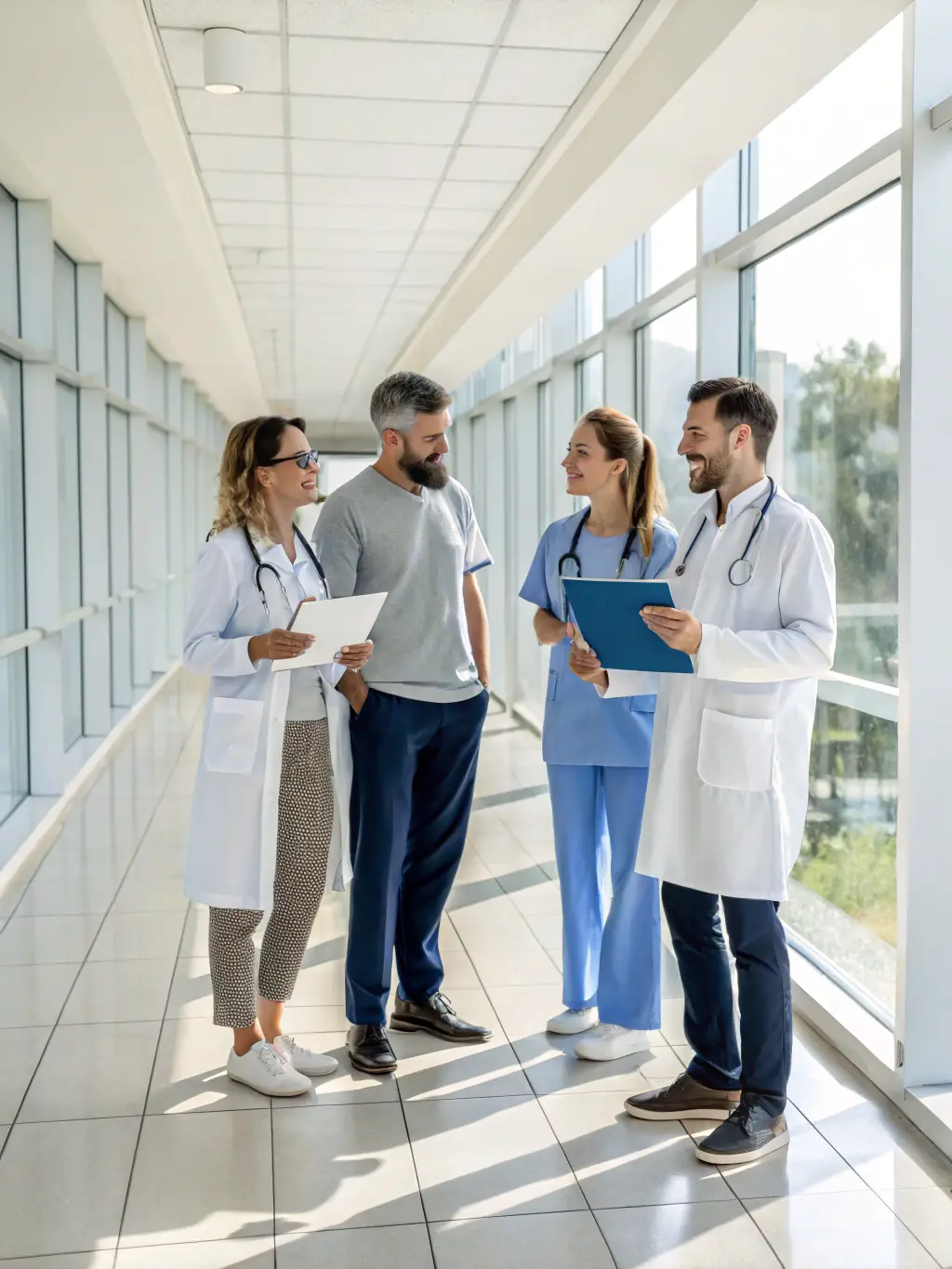 A diverse team of medical consultants collaborating on a complex case, reviewing medical records and discussing strategies to provide comprehensive support.