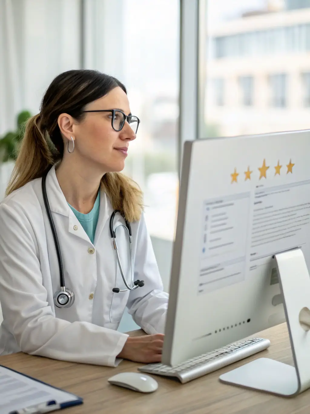 A close-up image of a doctor reviewing medical records with a serious and focused expression, symbolizing the thoroughness of ResoluteMedical's consultation process.